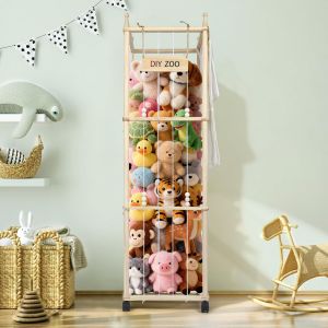 Ulteronixshop-Rangement Peluche de Enfant, Range Peluche en Bois Roues &eacute;quip&eacute;es d'un Frein &agrave; 360&deg;, 138 * 40 * 40cm,Meuble Rangement Jouet Enfant pour Chambre d'enfant, Salle de Jeux avec Sac de Range - Neuf