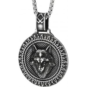 Kal-Collier Pendentif En Acier Pour Homme Avec Médaillon De Cercle Orné D'une Tête De Loup Viking Norrois, Chaîne 76 Cm - Neuf