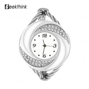 Geekthink Strass Quartz Analogique Montre Ouvert Bracelet Alliage Bo&icirc;tier Montre-Bracelet Argent Blanc - Neuf