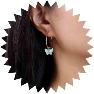Kal-Boucles D'oreilles Créoles Papillon En Forme De Cercle Creux Boucles D'oreilles Rondes En Or Boucles D'oreilles Papillon Émail Bleu Petites Boucles D'oreilles Papillon Bleues Bijoux Femmes - Neuf