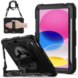 Coque Antichoc pour iPad 11&egrave;me/10&egrave;me G&eacute;n&eacute;ration (2025/2022),11/10.9 Pouces,&Eacute;tui Armure Robuste avec Support Rotatif,Dragonne et Bandouli&egrave;re,Porte-Stylet,Coque pour iPad 11&egrave;me A16,Noir - Neuf
