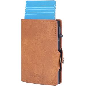 TRAHOO-Porte Carte Homme PU Portefeuille RFID Protege Carte Bancaire avec Bouton Poussoir Lat&eacute;ral Porte Feuille Interrupteur Magn&eacute;tique Card Holder Idee Cadeau Homme(Marron) - Neuf