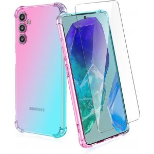 KAL-Housse Pour Samsung Galaxy M55 5G/C55 5G Coque + 1 Pi&egrave;ces Verre Tremp&eacute;, D&eacute;grad&eacute; De Couleurs Anti-Choc Housse Pour T&eacute;l&eacute;phone Portable -Rose/Vert - Neuf
