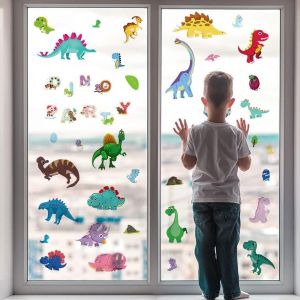 Trahoo-[70 Pièces] Stickers Fenêtre Enfant Dinosaure + Lettres Réutilisable I Stickers Vitres Décoratifs Animaux De La Jungle I Autocollant Fenêtre Chambre Garçon Bébé Enfant (Non Adhésif) - Neuf