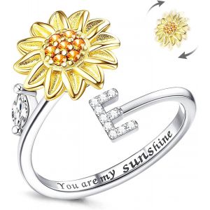 KAHFL-Bague Fidget Pour Femme,Tournesol Taille Réglable Spinner Anneau,Argent Empilable Soulagement Du Stress Anxiété Lettre Doigt Cercle,Gravé You Are My Sunshine À L'Intérieur Bijoux(E) - Neuf