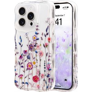 Kal-Coque Pour Iphone 16 Pro Max Clair Transparent Avec Cadre Ondulé Bouclé, Housse Etui Motif De Fleur Florale Mignon Pour Femme Fille,Bumper Case Protection Antichoc En Silicone Souple,Fleur 1 - Neuf