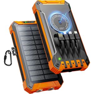 HUI-Batterie Externe Solaire 26800Mah Avec 4 Câbles,Chargeur Solaire Portable Sans Fil Batterie Externe Usb-C 15W Charge Rapide 6 Sorties 3 Entrées Pour Téléphone,Avec Lampe De Poche,Mousqueton - Neuf