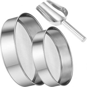 Jexnovashop-Lot De 2 Passoires &Agrave; Farine Avec Une Cuill&egrave;re &Agrave; Farine Fine En Acier Inoxydable Argent&eacute; Netto Tamis &Agrave; Farine Tamis &Agrave; P&acirc;tisserie En Forme De Poudre 40 Mailles (15 Cm + 20 Cm) - Neuf