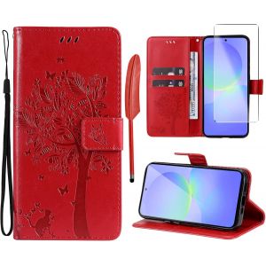SJZG-- Coque Pour Samsung Galaxy A36 5G [1X Verre Tremp&eacute;] &Eacute;tuis Rabat Folio Protection Housse Cuir Pu Portefeuille Silicone [Fermeture Magn&eacute;tique][Emplacements Cartes][Stand Feature]-Rouge - Neuf