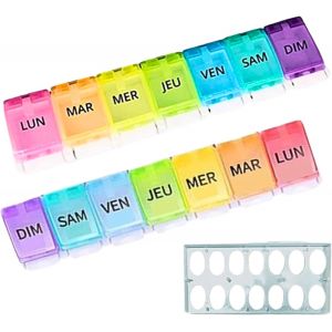 KALANKA-Pilulier Semainier FRANCAIS Matin et Soir | 2 x 7 jours + Socle | Bo&icirc;te &agrave; Medicament Pour chaque jour de semaine | Grande capacit&eacute; | Ouverture facile | Ideal Voyage | Arc-en-ciel | Sans BPA - Neuf