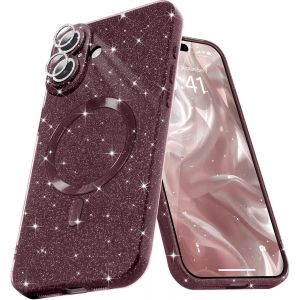 Eryi-Coque Magnétique Pour Iphone 16 Etui À Paillettes Brillant Compatible Avec Magsafe Charge Sans Fil Housse De Protection Antichoc Pour Appareil Photo Glitter Silicone Souple,Rouge - Neuf
