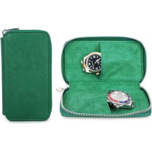 Kal-Étui De Voyage Pour Montre 2 Boîte De Rangement Pour Montres Cuir Saffiano Organisateur De Montre Portable À Fermeture Éclair (Vert) - Neuf