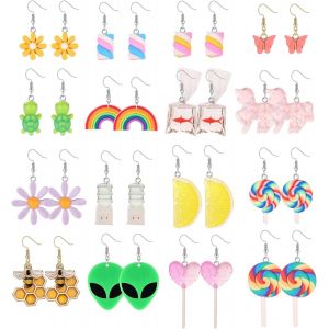 16 Paires Mignonnes Boucles D'oreilles Pour Femmes Filles Résine Crochet Esthétiques Étranges Kawaii Champignon Fraise Poisson Fleur Papillon Balancent Boucles D'oreilles.[X2908] - Neuf
