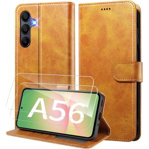 Kal-Coque Pour Samsung Galaxy A56 5g Etui Coque Avec 2 Verre Trempé Porte Carte Clapet À Rabat Portefeuille Cuir Case Housse Protection Flip Cover Étui Coque Pour Samsung Galaxy A56 5g,Jaune - Neuf