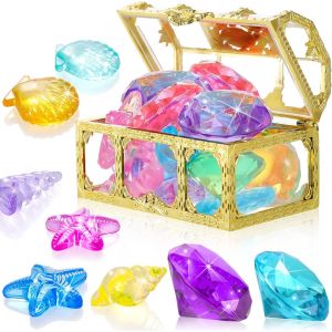 KAL-12 Pièces Jouets De Trésor De Piscine Et 1 Boîte Chasse Au Trésor Jouet De Coffre Au Trésor Sous-Marine 12 Gemmes De Plongée Colorés Pierres Précieuses Sous-Marines Pour Enfant Jeu (Or) - Neuf