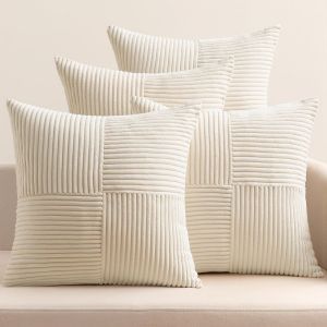 Slep-Lot De 4 Housses De Coussin Décoratives En Velours Côtelé Patchwork 40 X 40 Cm Pour Canapé, Fauteuil, Maison, Chambre À Coucher, Beige - Neuf