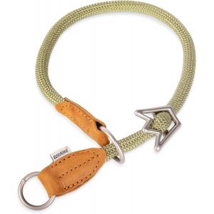 Collier Etrangleur Pour Chien Emma - &Eacute;l&eacute;gant Collier Semi Etrangleur Pour Chien En Cuir Et Nylon - &Oslash; 12mm - Collier Pour Chiens De Taille Moyenne En Kaki - Neuf