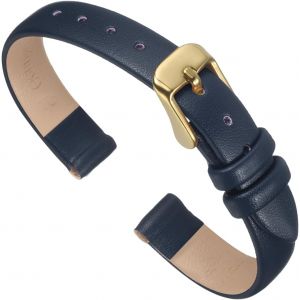 Kal-Bracelet En Cuir Véritable Bleu Foncé Largeur 10mm, Bracelet Montre Plat Fin Et Élégant En Cuir Avec Boucle Ton Doré Pour Hommes Et Femmes - Neuf