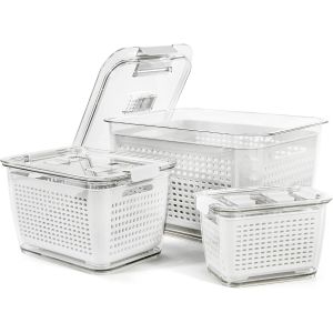 Lot De 3 Bo&icirc;tes De Conservation Pour R&eacute;frig&eacute;rateur (0,5 L + 1,7 L + 4,5 L) - Boite Frigo En Plastique R&eacute;utilisable - Avec Couvercle Et Passoire(Blanc) - Neuf