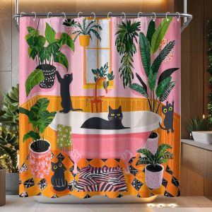 Rideau de Douche Chat Amusant Decor de Salle de Bain Tropical Plantes Vertes Rose Orange Jaune Impermeable 72 X 72 Pouces - Neuf