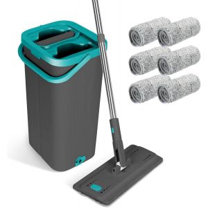 360&deg; Rotating Flat Mop with 140 cm Stainless Steel Handle and 6 Reusable Mops, Mop for Cleaning All Types of Floors - Neuf