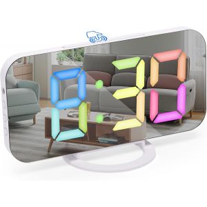 Horloge num&eacute;rique &agrave; grand &eacute;cran, &eacute;lectrique LED,Surface miroir pour maquillage avec mode d'intensit&eacute;,3 niveaux de luminosit&eacute;,Double ports USB,D&eacute;coration moderne pour la maison ou la chambre-Dor&eacute; - Neuf