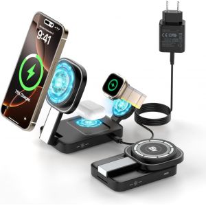 JGD-Chargeur sans Fil 3 en 1 pour Mag Safe, Station de Charge Pliable avec lumi&egrave;re Compatible avec iPhone 16/16 Pro Max/15/14/13/12/11, Apple Watch 10/Ultra 2/9/8/7/6/SE, Air Pods Pro/4/3/2 (Noir) - Neuf