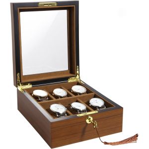 Kal-Boîte À Montres Avec 6 Compartiments, Écrin À Montres Pour Hommes, Vitrine De Montres, Boîte De Rangement Pour Montres Avec Coussin Amovible, Fermoir En Métal, Écorce D'arbre - Neuf