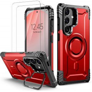Kalanka-Coque Pour Samsung S24 Fe 5g Avec 2 Verre Trempé, Compatible Avec Magsafe, Magnétique Antichoc Étui De Militaire Protection, Support De Caméra Etui Housse Pour Samsung Galaxy S24 Fe, Rouge - Neuf