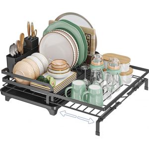 Chenquansarl-Gouttoir À Vaisselle, Egouttoir Vaisselle Extensible Sur Evier De Cuisine, Réglable Rangement Et Organisation De Cuisine En Acier Avec Porte-Couverts (Noir) - Neuf