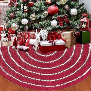 Jupe de sapin de No&euml;l rouge en tricot acrylique &agrave; motifs de cercles blancs de 122 cm - Neuf