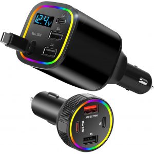 JGD-Chargeur de voiture USB C, 4 en 1 rétractable 78 W, charge rapide, adaptateur allume-cigare de type C vers L, pour iPhone/Samsung/iPad/Android (noir + noir) - Neuf