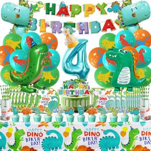 CAUC-Dinosaures Ballon Anniversaire 4 Ans, D&eacute;coration et Vaisselle Set 104 Pcs avec Nappe Assiette Gobelet, Jungle F&ecirc;te D&eacute;co pour Gar&ccedil;ons Filles - Neuf