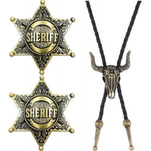 Cauc-Lot De 3 Costumes De Cowboy Pour Homme, Cravate Bolo, En Cuir, Cravate D'halloween Avec Cr&acirc;ne De Vache, Cravate De Cowboy Occidentale Et &Eacute;toile De Sh&eacute;rif, Collier Lariat En Cuir Noir Avec Penden - Neuf