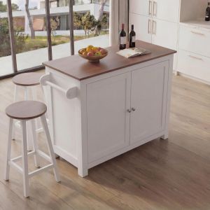 &Icirc;lot de cuisine HWC-P61 avec 2 tabourets, armoire de cuisine, tiroir, compartiments de rangement, MDF 90 x 120 x 45 cmblanc, bois clair - Neuf