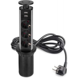 Ulteronixshop-Bloc multiprise escamotable avec 3 Prises SchEUo EU et 2 Ports USB, Tour multiprise encastrable pour Plan de Travail de Cuisine ou Table de Bureau, Peint en Noir, Plastique et Aluminium - Neuf