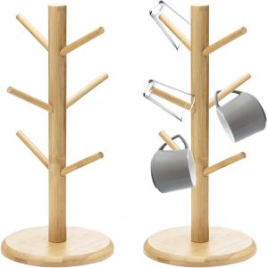 Eryi-Lot De 2 Porte-Tasses En Bois De Bambou Avec 6 Crochets, Porte-Gobelets En Bois, Porte-Bretzel, Porte-Bretzel, Arbre &Agrave; Tasses, Accessoires Pour Comptoir De Cuisine, Tablette - Neuf