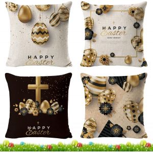 CAUC-Lot de 4 housses de coussin de P&acirc;ques - Style lapin - 45 x 45 cm - D&eacute;coration de P&acirc;ques - Lin - Printemps - Lin - Pour canap&eacute; - D&eacute;coration pour salon, canap&eacute;, bureau, voiture - Neuf