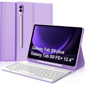 Coque Clavier Samsung Galaxy Tab S9 Fe Plus/S9 Plus 12.4"" 2023, Étui Keyboard Azerty Français Layout Bluetooth Sans Fil Amovible Avec Porte Crayon, Violet Clair - Neuf