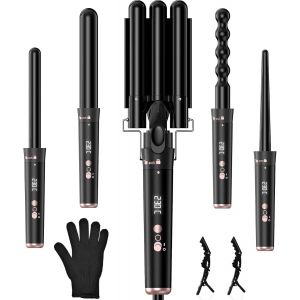 Fer À Boucler 5 En 1 Boucleur Céramique, Boucleur Cheveux 9-32mm Avec Lcd Écran,160-230¿Température Réglable,Ions Négatifs,Fer À Friser 3 Tete Chauffage Rapide Ptc Avec Gants Et 2 Clips-Noir - Neuf