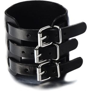 Eryi-Extra-Large - Bracelet En Cuir Hommes - Cuir Noir Véritable Envelopper Bracelet - Avec Trois Boucle Ardillon - Neuf