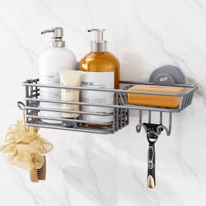 &Eacute;tag&egrave;re de douche &agrave; ventouse avec crochets et porte-savon, organiseur de douche robuste sans per&ccedil;age, &eacute;tag&egrave;res de salle de bain pour fixation murale &agrave; l'int&eacute;rieur, accessoires de cuisine, gris - Neuf