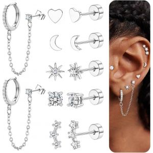 Kal-6 Paires Lot Boucles D'oreilles Femme Acier Inoxydable 316l Hypoallergénique Piercing Oreille Clous D'oreilles Plaqué Or 14k Boucles D'oreilles Creoles Avec Chaîne Piercing Cartilage Helix - Neuf