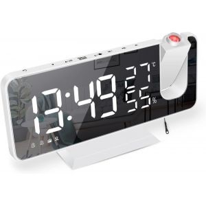 Reveil Projecteur,Radio R&eacute;veil avec Temp&eacute;rature,Humidit&eacute;,Ecran LED Miroir de 7,5 Pouces,Snooze Double Alarme,4 Luminosit&eacute; de L'&eacute;cran avec Fonction de Gradation Automatique,Port de USB (Blanc) - Neuf