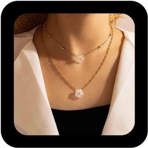 Kal-Collier Ras Du Cou Bohémien Avec Fleurs En Acrylique Blanc Collier Pendentif Fleurs En Acrylique Blanc Collier Chaîne En Perles Satellites En Or Collier Collier Fleurs En Résine - Neuf