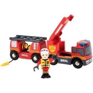 ERYI-World - 33811 - Camion De Pompiers Son Et Lumière - Piles Incluses - Pour Circuit De Train En Bois - Jouet Pour Garçons Et Filles À Partir De 3 Ans - Neuf