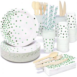 Checarzhn--No1-Vaisselle Jetable Anniversaire Vert, 161 Pcs Assiette Jetable Anniversaire, Party Vaisselle Kit Assiette Gobelet Et Serviette Pour Decoration Anniversaire Baby Shower Mariage (20 Invit - Neuf