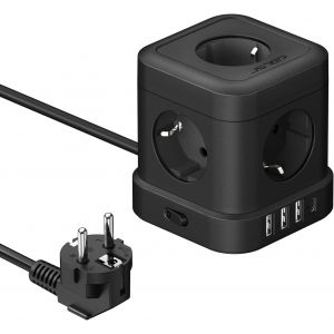 Cube Electric Power Strip (3680W 16A) With 5 Sockets With 4 Usb C Ports Travel Charger (17W) And Switch Cable 2 M For Smartphone Tablet - Black - Neuf