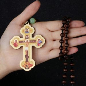Diyalo Orthodoxe Crucifix Jésus-Christ Icônes Perles Chaîne Collier Croix En Bois Pendentif Collier Voiture Suspendu Décor Bijoux Cadeau - Neuf