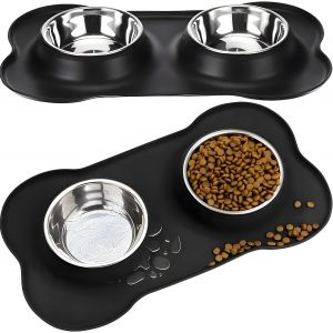 Cmws-Gamelle Double Avec Support De Gamelle En Silicone, Gamelle Pour Chien En Acier Inoxydable 400 Ml, Tapis Antid&eacute;rapant En Silicone, Gamelle Pour Chat, Gamelle Pour Chat, Gamelle &Agrave; Eau Pour - Neuf
